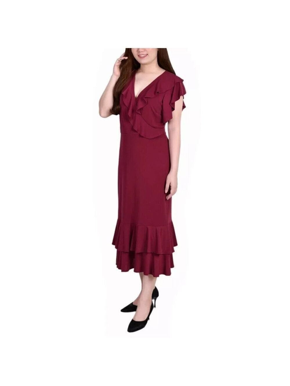 NY COLLECTION Women's Short Flutter Sleeve Ruffle Neck Dress Burgundy Sz…